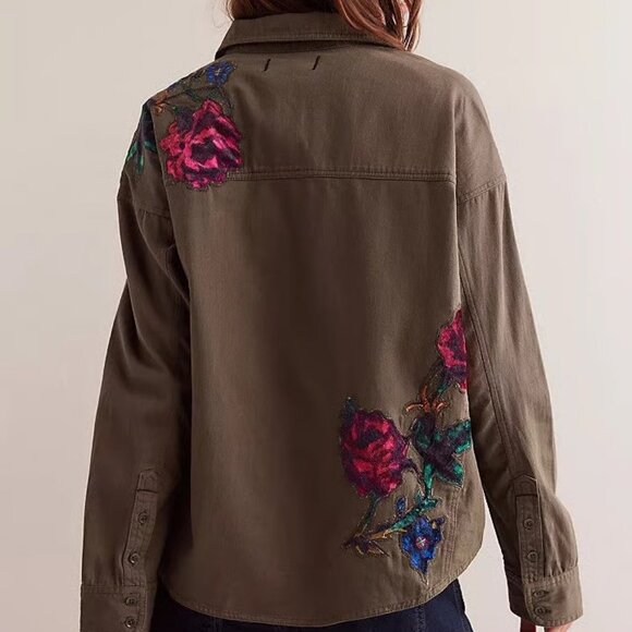 Free People We The Free Velvet Rose Green Button-Up Shirt Size XL - Picture 2 of 5